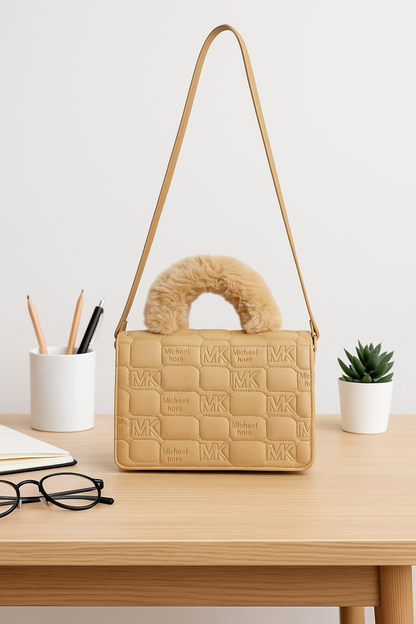 Beige Quilted Michael Poix Handbag with Faux Fur Handle